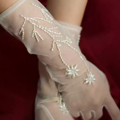 White Bridal Tulle Gloves – Beaded Floral Wedding Gloves